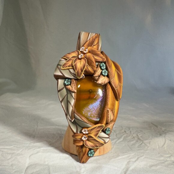 OOAK Handmade Leaf & Floral Polymer Clay Pendant Labradorite Artist signed - Picture 1 of 12